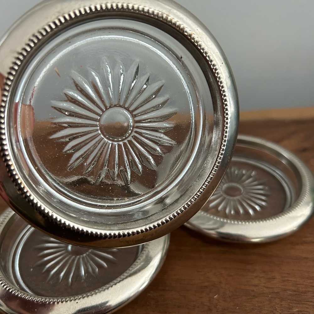 Vintage  crystal glass coasters with silver-plated rims Sunburst set of 3